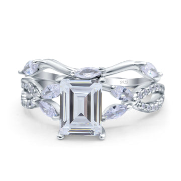 Two Piece Art Deco Emerald Cut Wedding Bridal Ring Simulated Cubic Zirconia 925 Sterling Silver